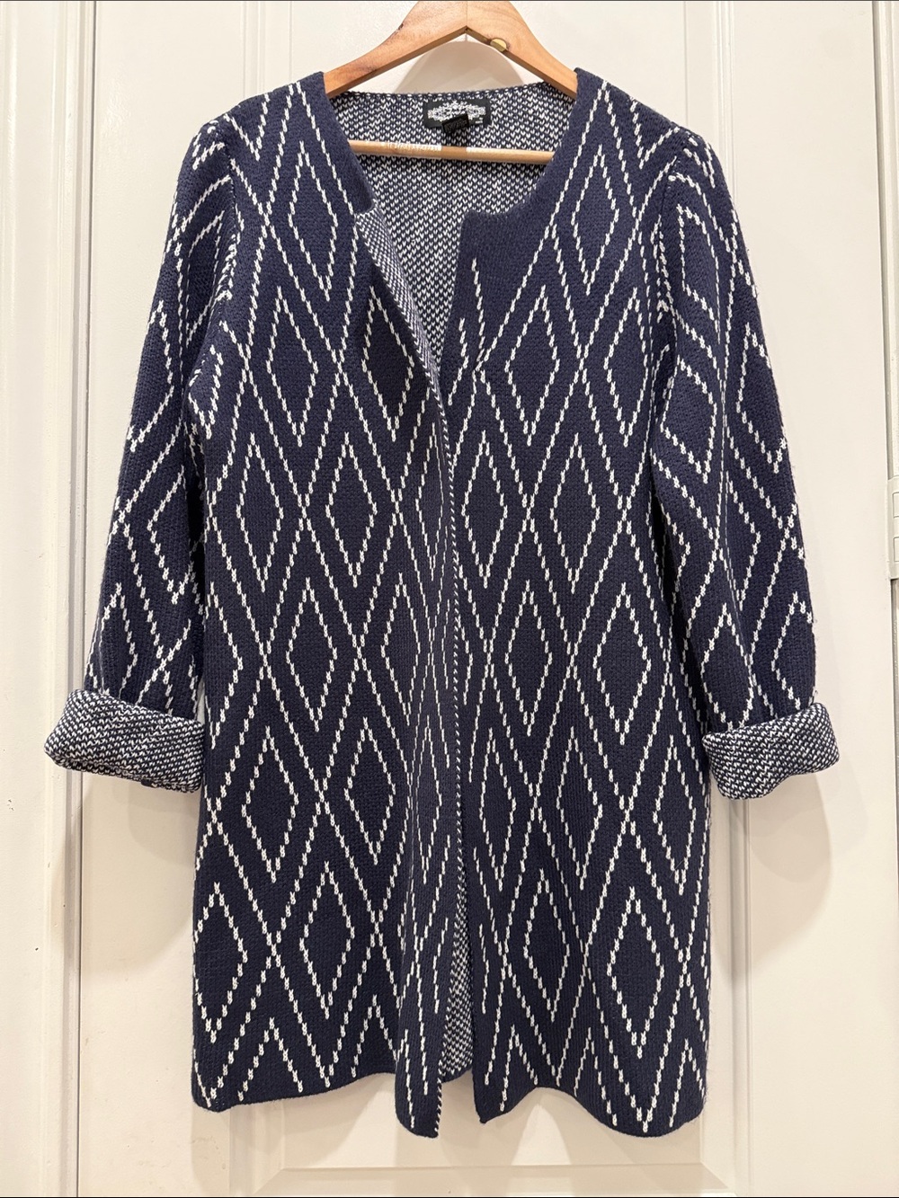 Anthropologie Oliver O Navy Diamond-Pattern Open Front Cardigan Sweater